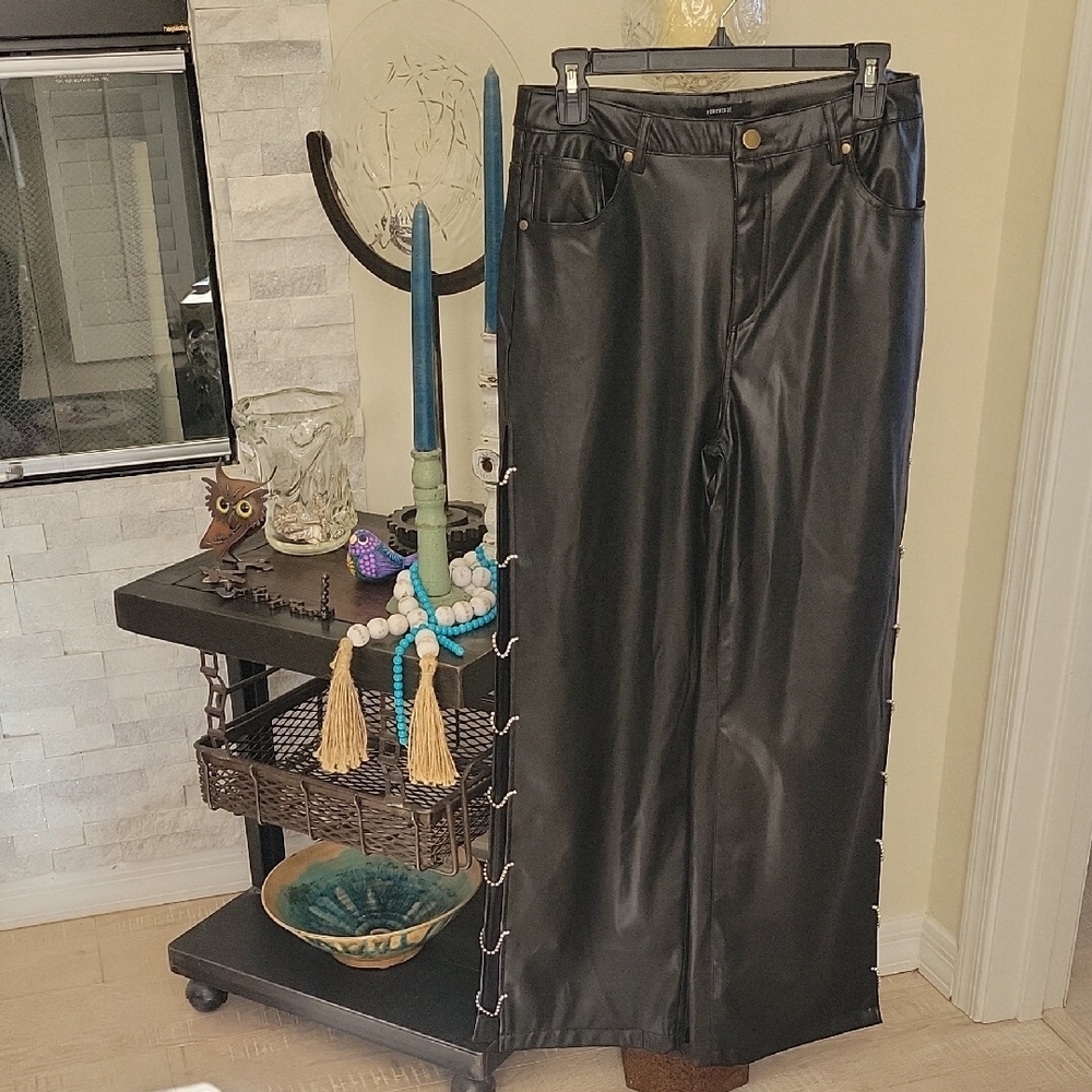 Forever 21 Faux Black Leather Pants, Peek-a-boo Sides, Rhinstone Detail